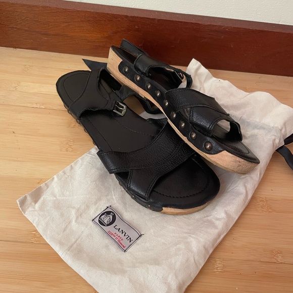 LANVIN Sandals Wood Block and Leather sz 11 - Picture 2 of 3